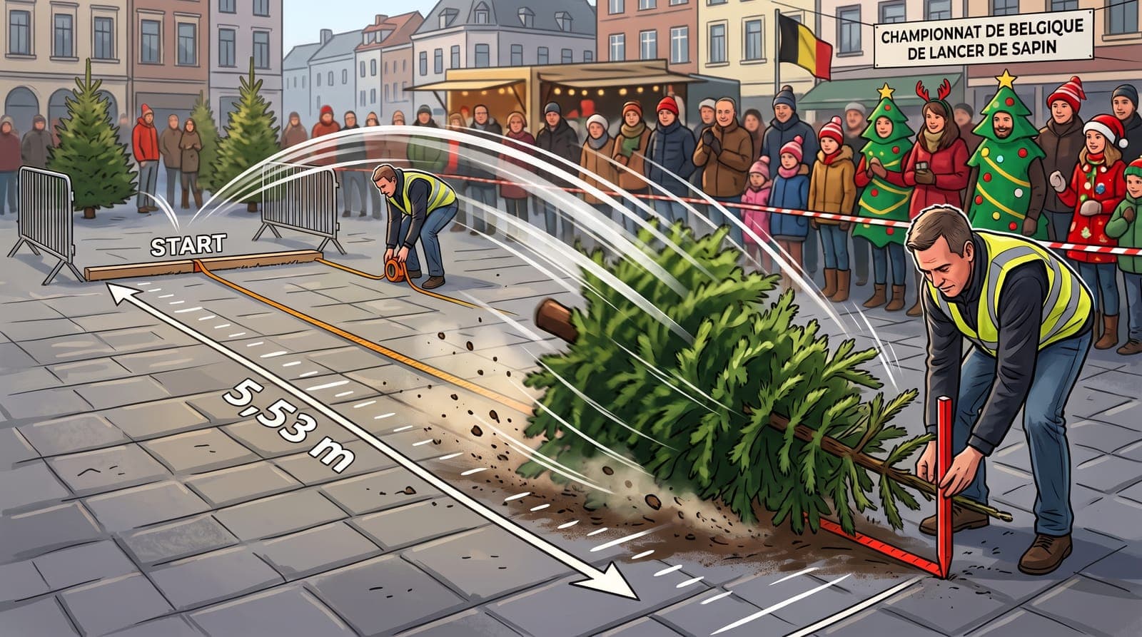 La distance va de la latte de départ (START) jusqu’au point du sapin le plus éloigné, marqué par un piquet.